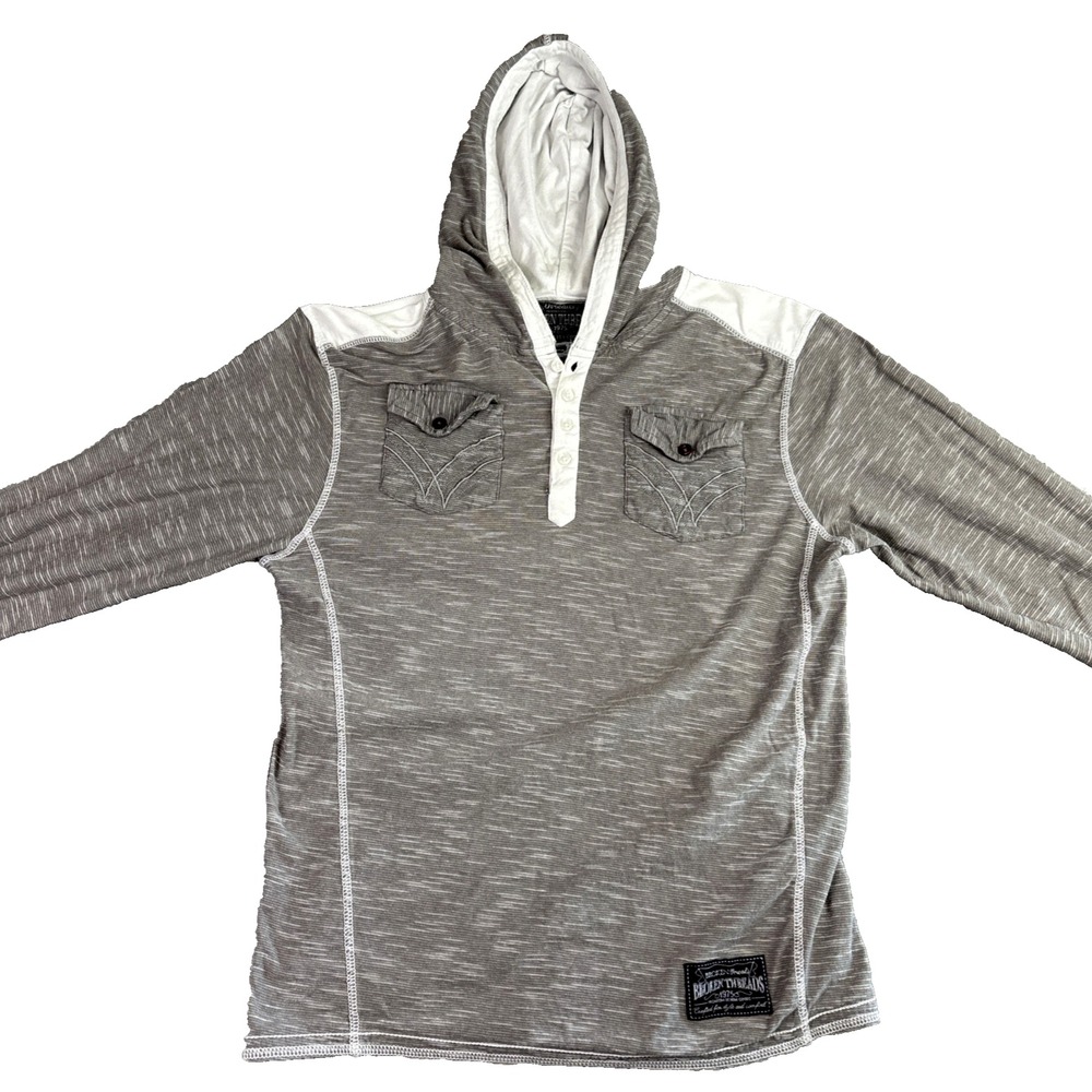 BROKEN THREADS Mens Henley Hoodie Shirt Long Sleeve Gray‎ White Cotton Size M
